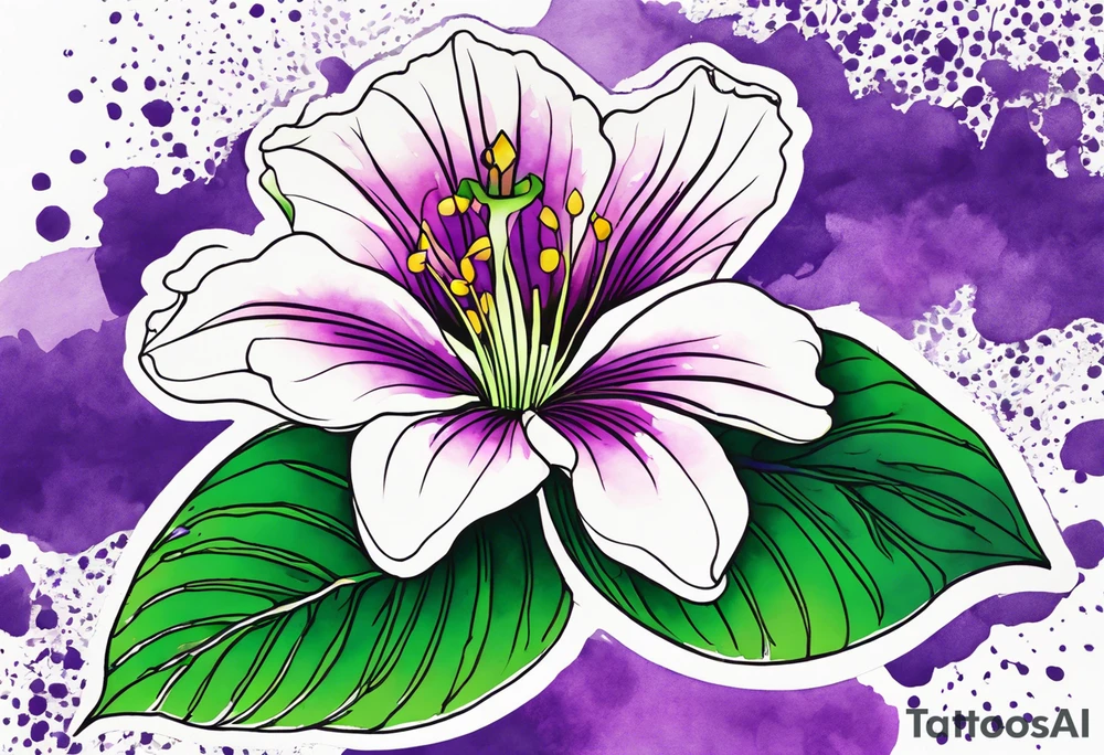 An outline of a green rio dipladenia flower and a purple watercolor splash in the background tattoo idea