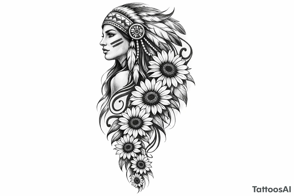 Tribal Indian with cascading sunflowers tattoo idea