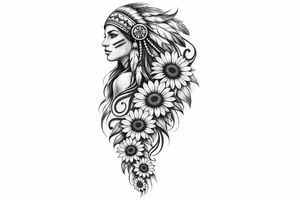 Tribal Indian with cascading sunflowers tattoo idea
