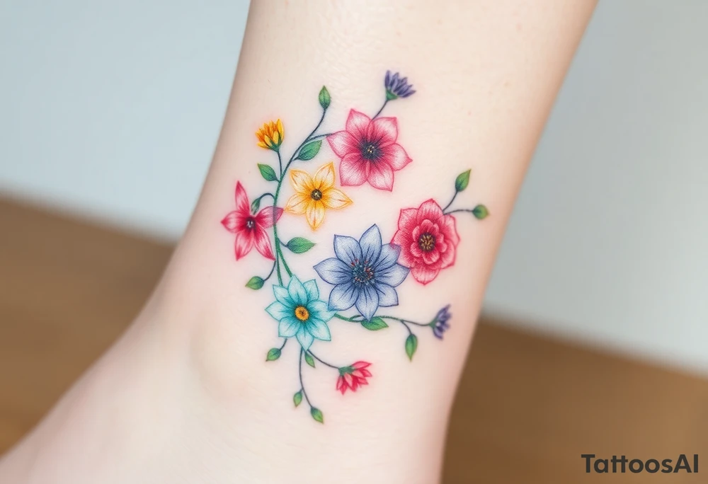 Vine with alternating flowers daffodil,
Lily, chrysanthemum, rose, aster, narcissus tattoo idea