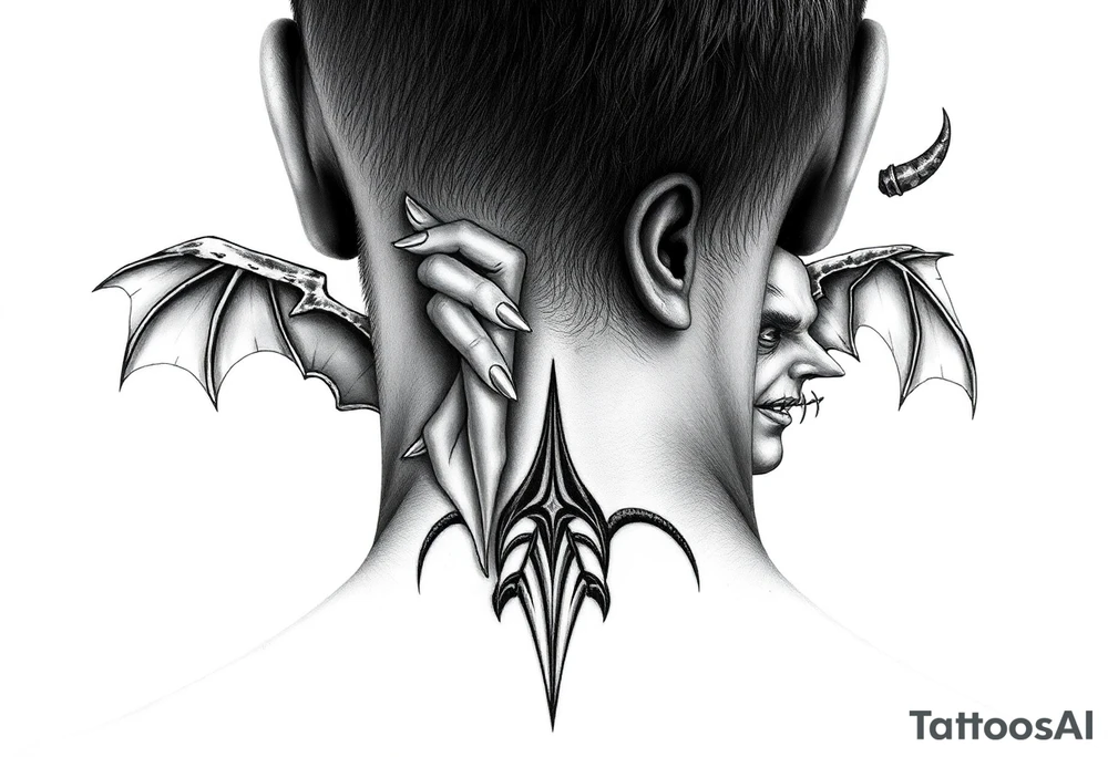 position behind the neck Angel (on the right) whispering in the right ear, demon (on the left) whispering in the left ear. It must be as realistic as possible. tattoo idea