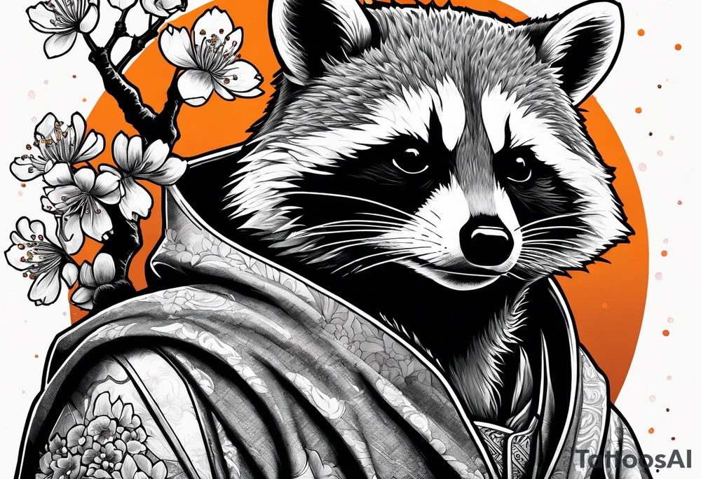 raccoon wearing a Superman hoodie with orange Japanese cherry blossoms tattoo idea