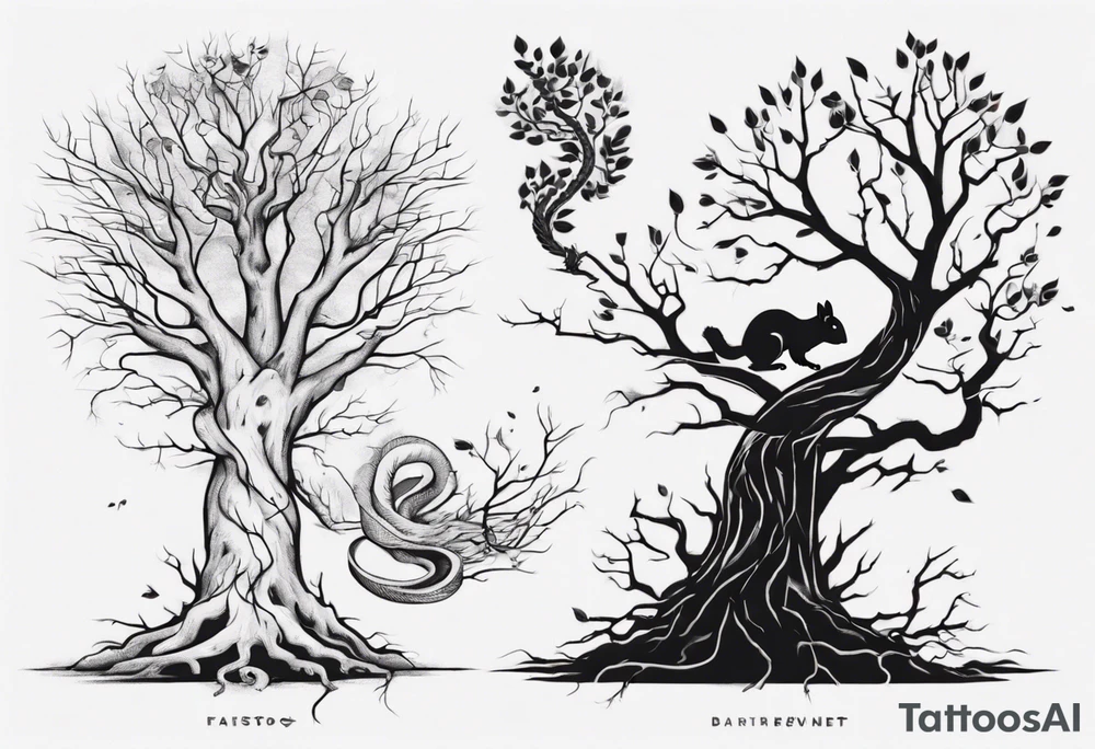 a bare tree with a small squirrel running up the side, a serpent weaving through the tree roots tattoo idea a bare tree with a small squirrel running up the side, a serpent weaving through the tree roots tattoo idea