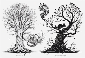 a bare tree with a small squirrel running up the side, a serpent weaving through the tree roots tattoo idea