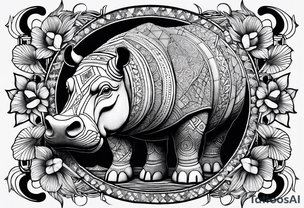 Hippo, flowers, moon, interstella, 
fine lines, tribal, geometric tattoo idea