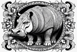 Hippo, flowers, moon, interstella, 
fine lines, tribal, geometric tattoo idea