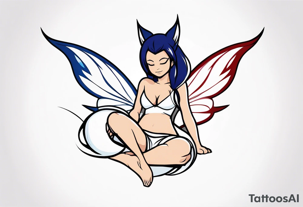 A fairy with a tail inspired by the logo of the show called Fairy Tail in a fetal position leaning in tattoo idea