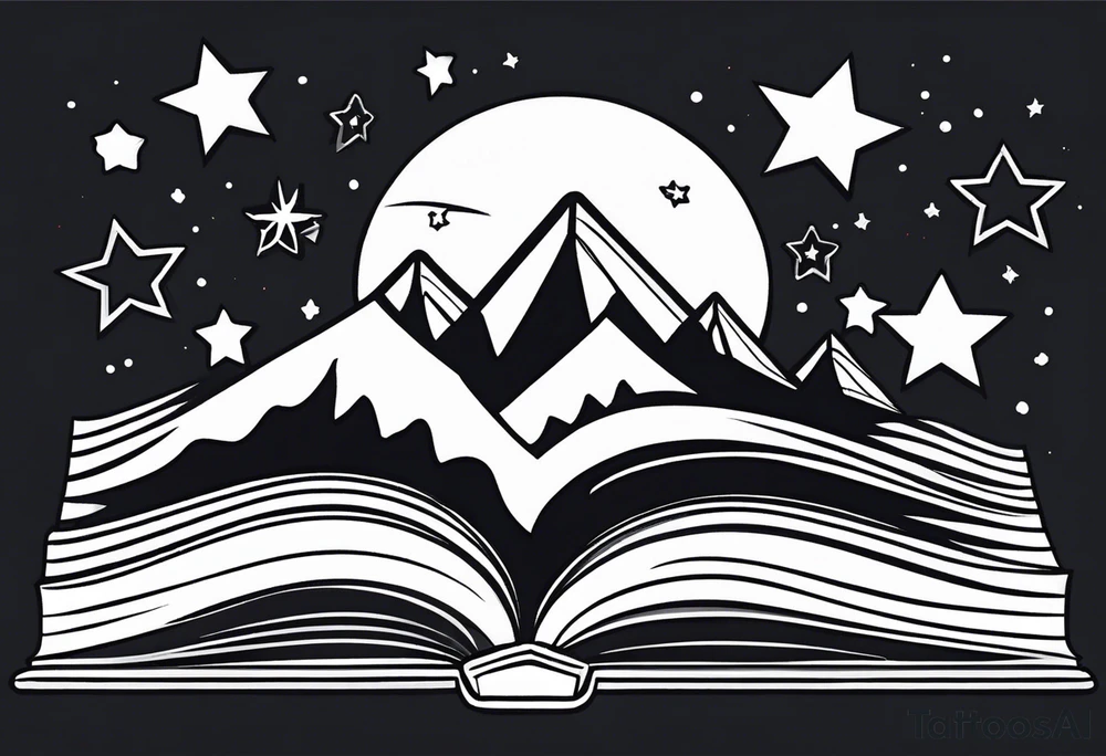 Open book with stars and mountains in a cartoon minimalistic design. Incorporate sushi rolls subtly tattoo idea