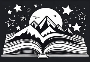 Open book with stars and mountains in a cartoon minimalistic design. Incorporate sushi rolls subtly tattoo idea
