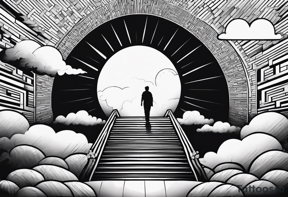 Person walking up stairs into heaven with sun beaming through clouds tattoo idea