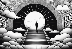 Person walking up stairs into heaven with sun beaming through clouds tattoo idea