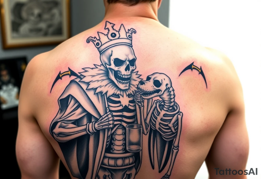 evil skeleton king in clothes having a good time getting drunk with skeleton dog tattoo idea