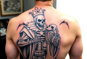 evil skeleton king in clothes having a good time getting drunk with skeleton dog tattoo idea