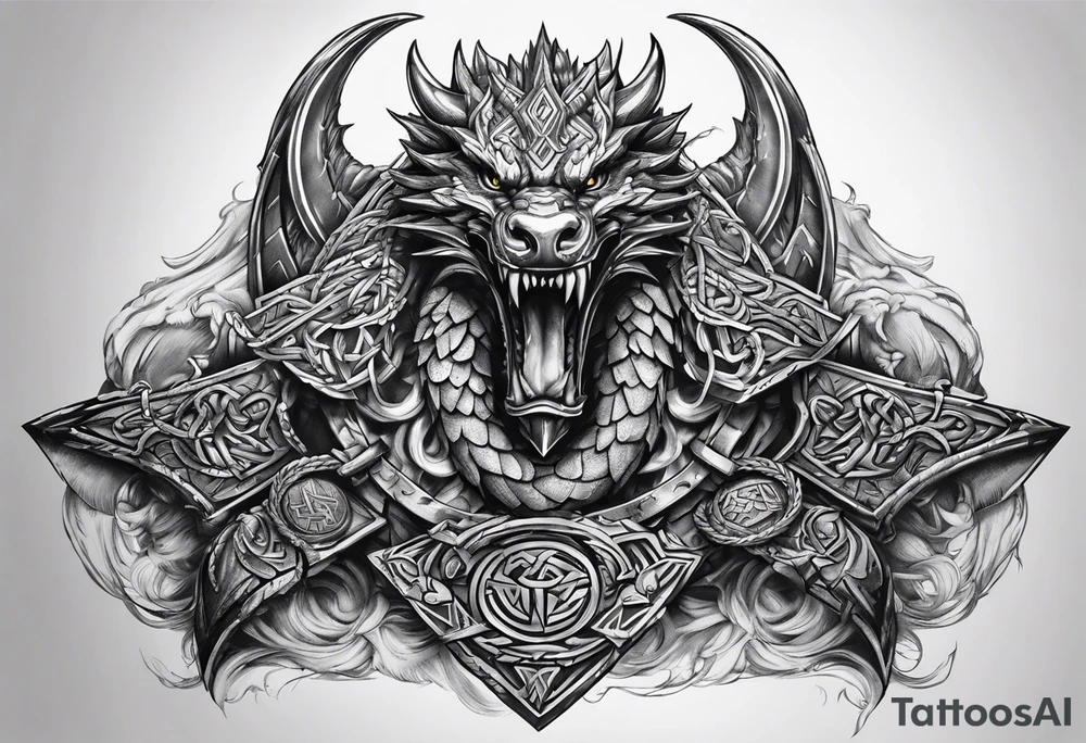 Valhalla sword shield dragon axe Valknut barbed wire chains tattoo idea