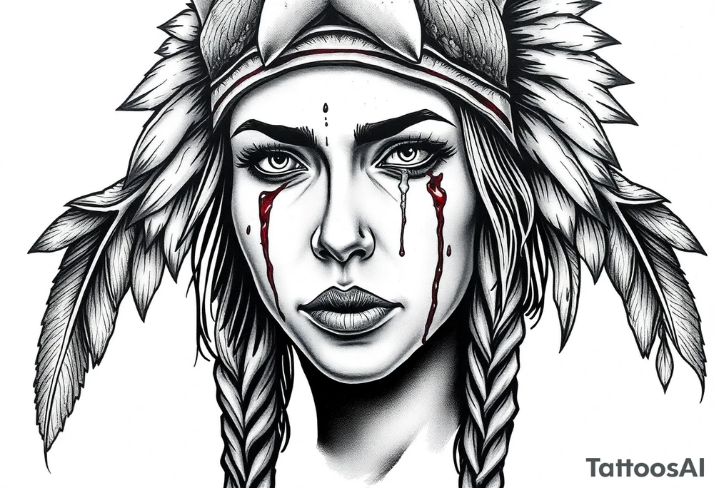 Beautiful Womans shedding a tear, with battle scars and blood on face, wearing a mean looking bear headdress on head tattoo idea