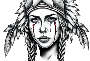 Beautiful Womans shedding a tear, with battle scars and blood on face, wearing a mean looking bear headdress on head tattoo idea