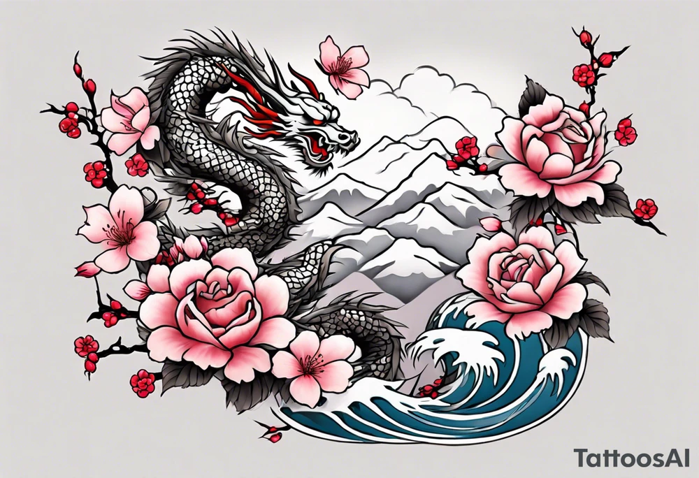 Japanese floral cherry blossom and snow mountains back ground filler for traditional Chinese dragon and great waves and rose and butterfly tattoo tattoo idea