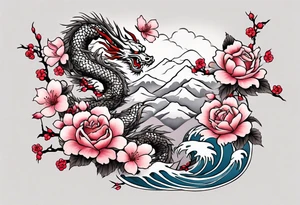 Japanese floral cherry blossom and snow mountains back ground filler for traditional Chinese dragon and great waves and rose and butterfly tattoo tattoo idea
