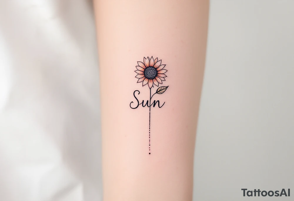 Word "Sun" written vertical with small sunflower in pink tattoo idea