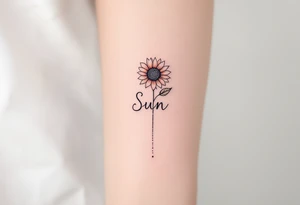 Word "Sun" written vertical with small sunflower in pink tattoo idea