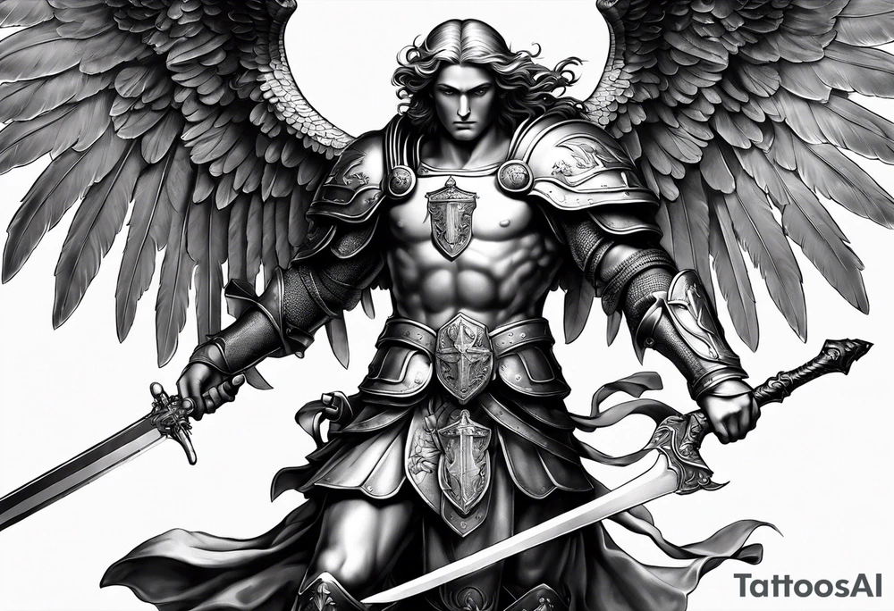 image of st michael the archangel with sword and shield slAYING A DEMON tattoo idea
