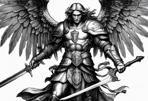 image of st michael the archangel with sword and shield slAYING A DEMON tattoo idea