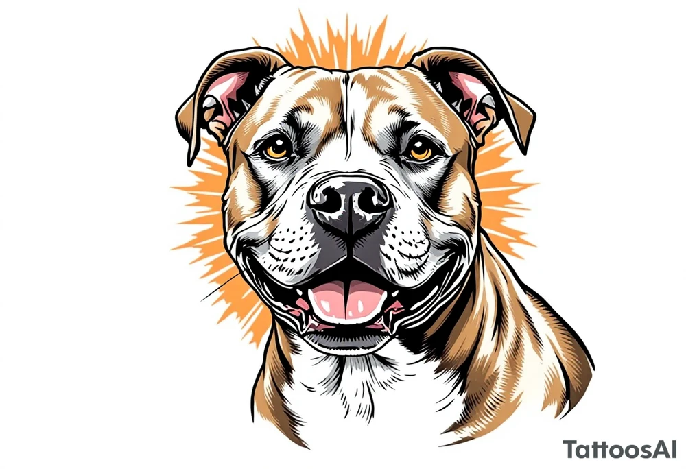 Portrait of a smiling pitbull, soft brown fur and white chest, playful expression, set against a sunburst background in warm orange tones. tattoo idea