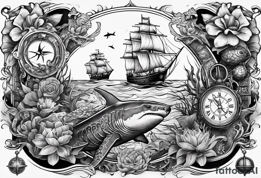 Nautical theme leg tattoo with shark, turtle, treasure map, compass, octopus, bell diver tattoo idea Nautical theme leg tattoo with shark, turtle, treasure map, compass, octopus, bell diver tattoo idea