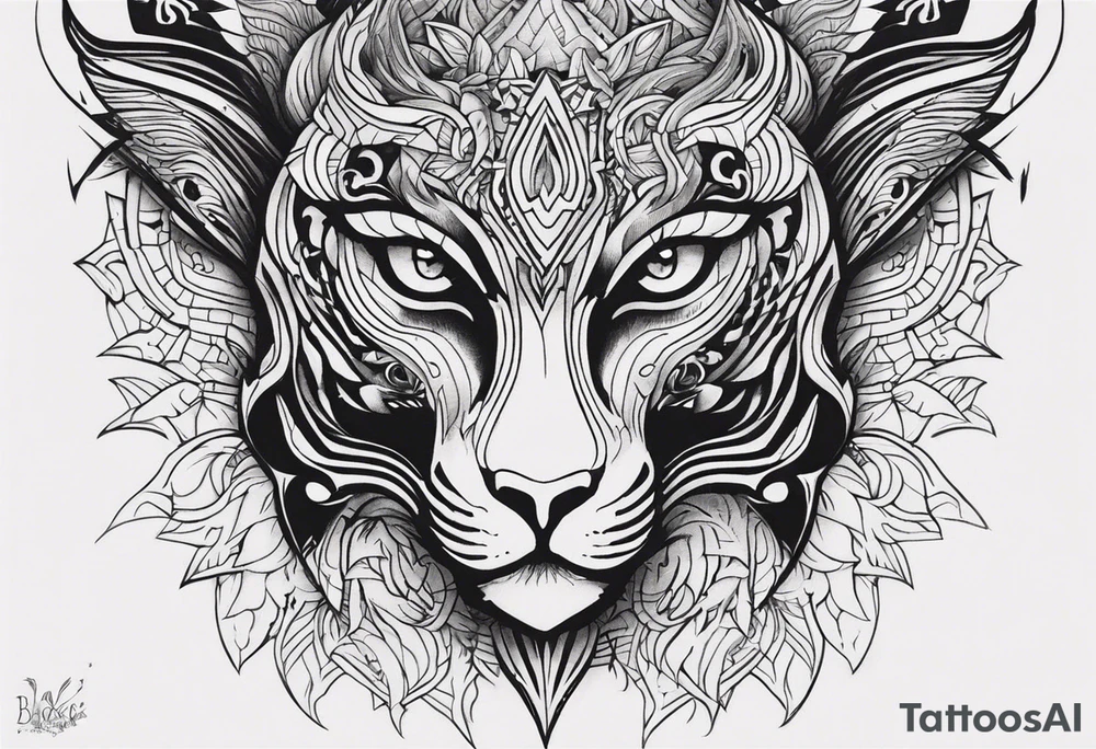 A tattoo for the knee featuring the face of a mythological creature, with fierce, exaggerated features like sharp fangs, intense eyes, and a wild expression. From its eyes, beams of light or energy radiate outward in a dynamic pattern. The design should feel bold and powerful, flowing naturally with the shape of the knee. tattoo idea