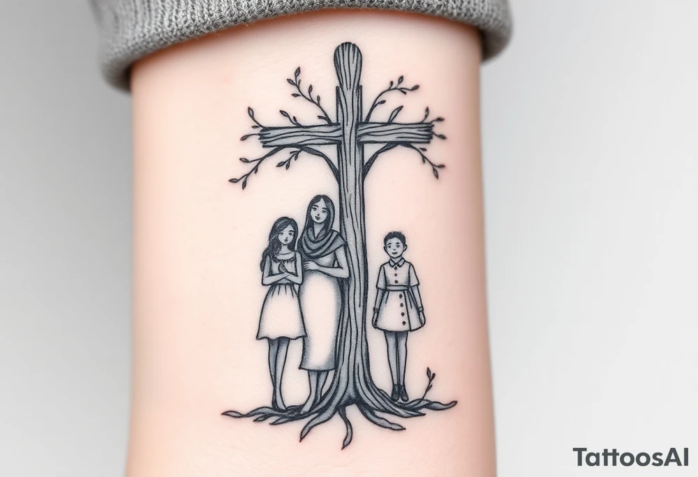 Family of 4 standing with weathered cross like a tree tattoo idea