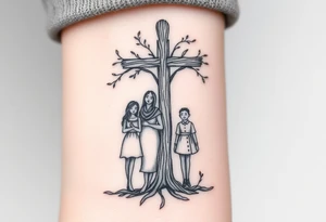 Family of 4 standing with weathered cross like a tree tattoo idea