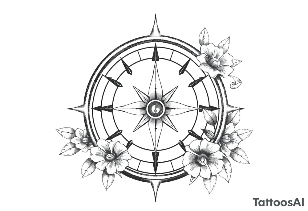 number 6 with a nautical compass in the middle of the circle and a fleur des lis at the center of the compass, with flowers surrounding it tattoo idea