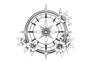 number 6 with a nautical compass in the middle of the circle and a fleur des lis at the center of the compass, with flowers surrounding it tattoo idea