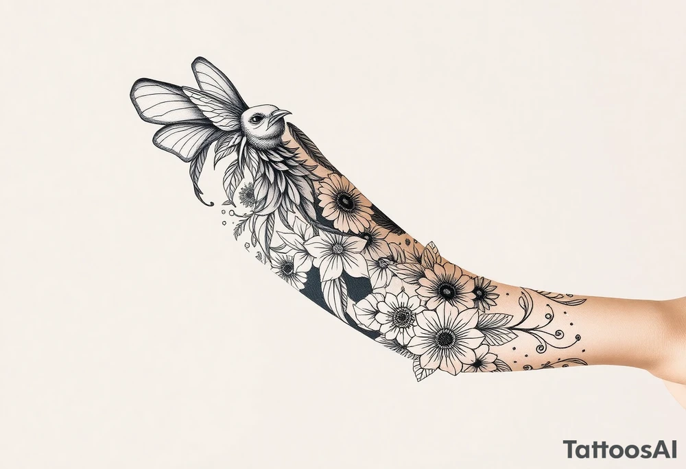 Magical powerful animal sleeve with fairies and flowers tattoo idea