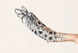 Magical powerful animal sleeve with fairies and flowers tattoo idea