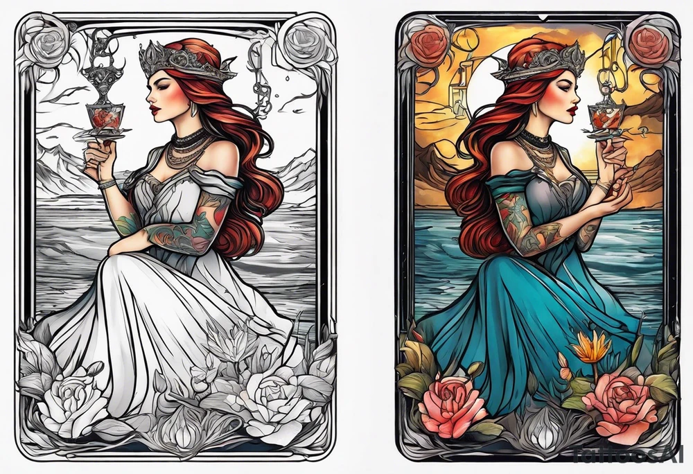Lady of the lake in a tarot card design tattoo idea