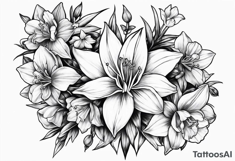 Larkspur, narcissus and stars tattoo idea