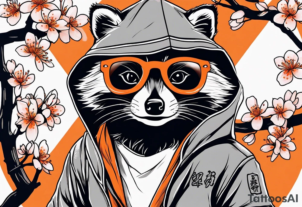 raccoon wearing a black and white Superman hoodie and orange Japanese cherry blossoms tattoo idea