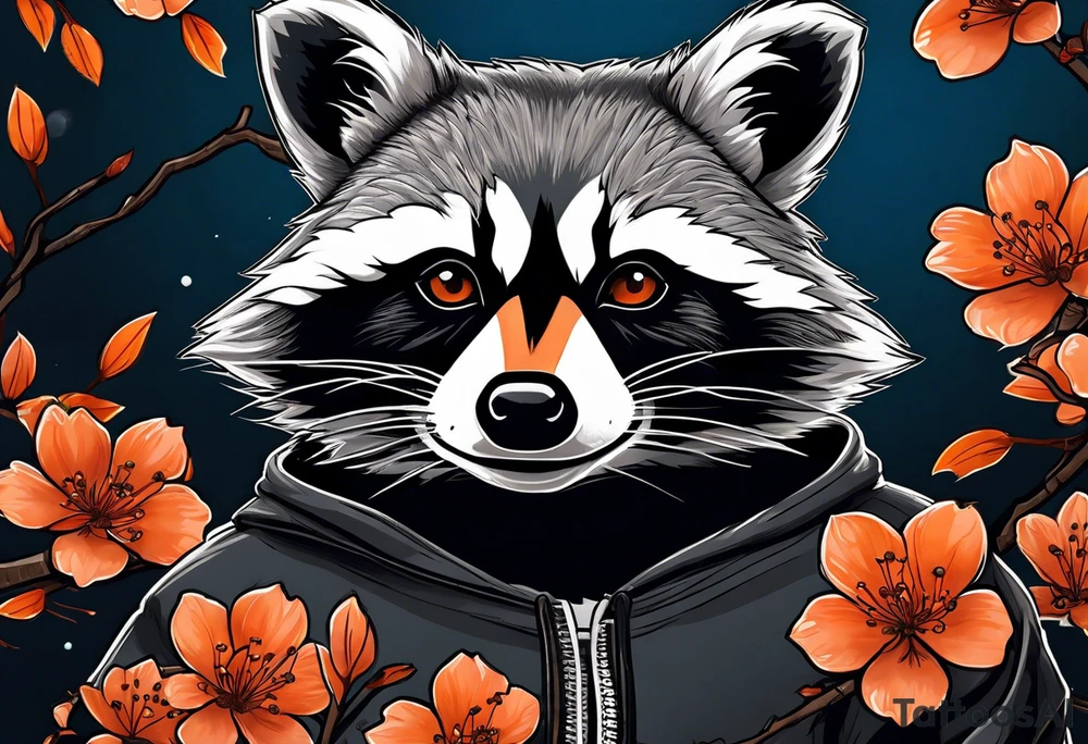 Raccoon wearing a white Superman logo on a black hoodie and orange Japanese cherry blossoms tattoo idea