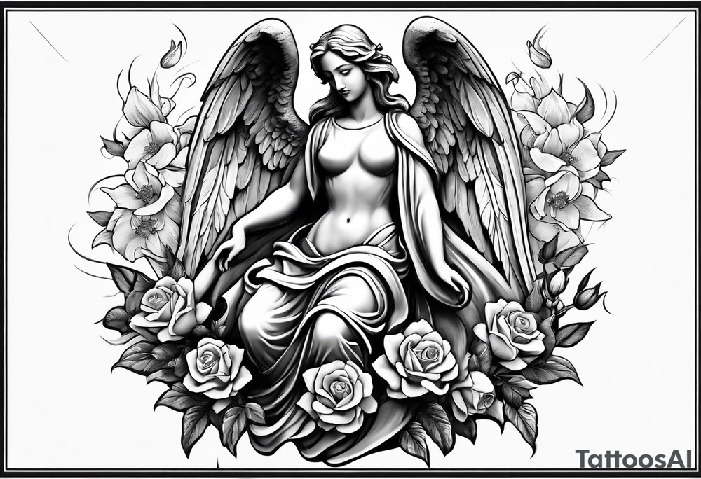 Angel statue stood on a rock with daffodils and roses wrapped around its legs tattoo idea