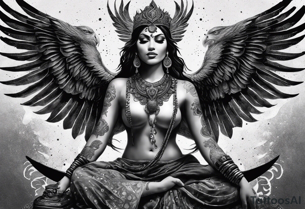 black kali, goddess pirate, alien, angel, pachamama, valkrye, warrior, flying, skull, lotus azul, wing, eagle, zenza resonance, stars, 5D, anahata chakra, death, durga, riding on a tiger, flying lady, kundalini, chest tatoo, samuri, rebel, serpent tattoo idea