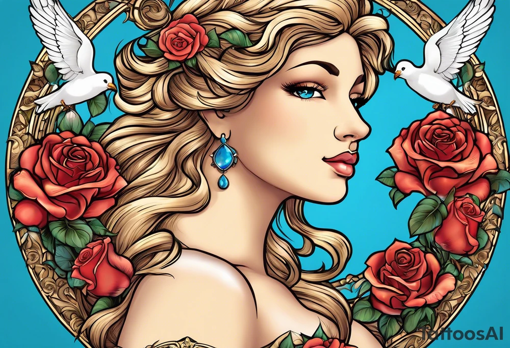 Portrait of Aphrodite: A face or full-length image of the goddess, often in a realistic style, perhaps decorated with flowers, seashells, or doves.rose, doves, shells and a mirror in his hand. background sea, blue roses frames,, romantic,background  fly boy wings and a bow, cupido tattoo idea