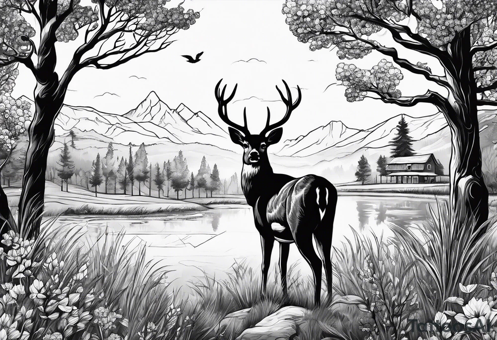 Country scene with deer tattoo idea