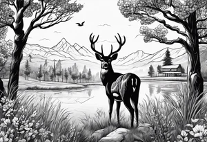 Country scene with deer tattoo idea