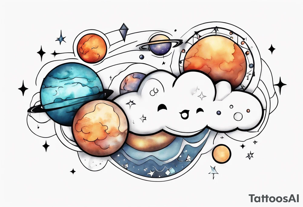 a cloud with planets and the date 12.08.05 tattoo idea