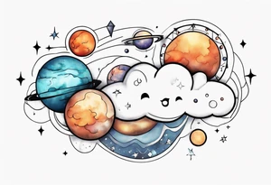 a cloud with planets and the date 12.08.05 tattoo idea