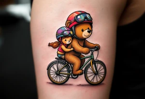 A bear and girly looking cub riding a bike together, drawn in simple round shapes with brown fur and colorful helmets. tattoo idea