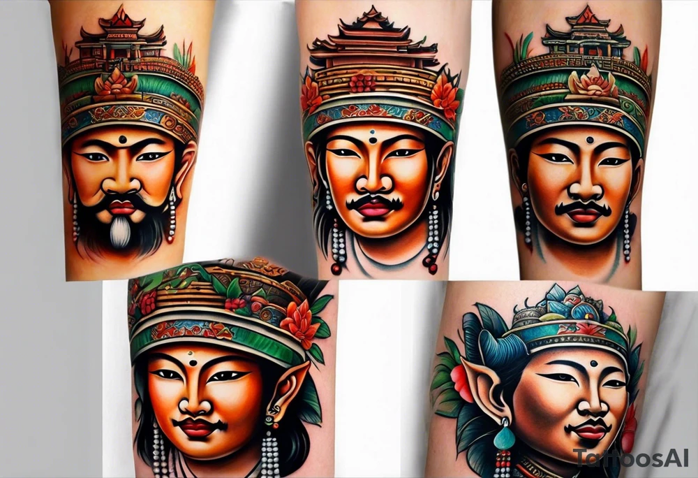 quiero crear una composicion para un tatuaje del antebrazo completo con pequeños tatuajes de tematica asiatica que incluya una rana con sombrero de vietnam, varios guerreros de terracota y una imagen del templo de camboya ankor tattoo idea