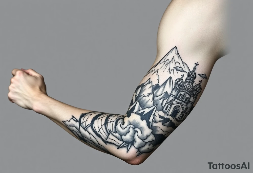 russian orthodox christian left arm tattoo with st basils cathederal in a mountainous setting with clouds with a russian coat of arms tattoo idea