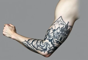 russian orthodox christian left arm tattoo with st basils cathederal in a mountainous setting with clouds with a russian coat of arms tattoo idea